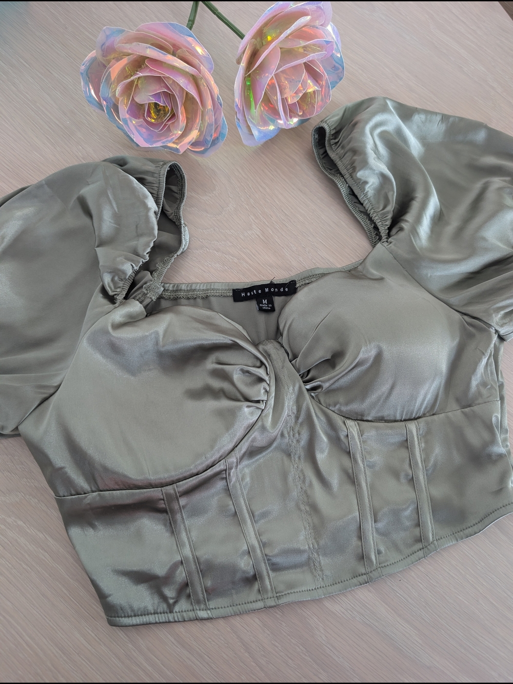 Haute Monde Olive Green Satin Puff-Sleeve Crop Top